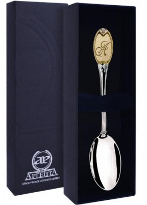 293ЛЖ03002 Серебряная чайная ложка с логотипом «А» с золочением в подарочном футляре